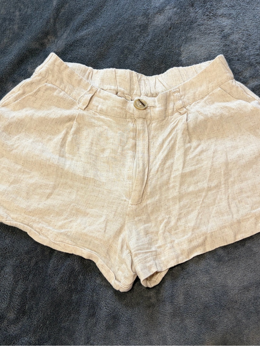 Beige Linen Boho Shorts with Button